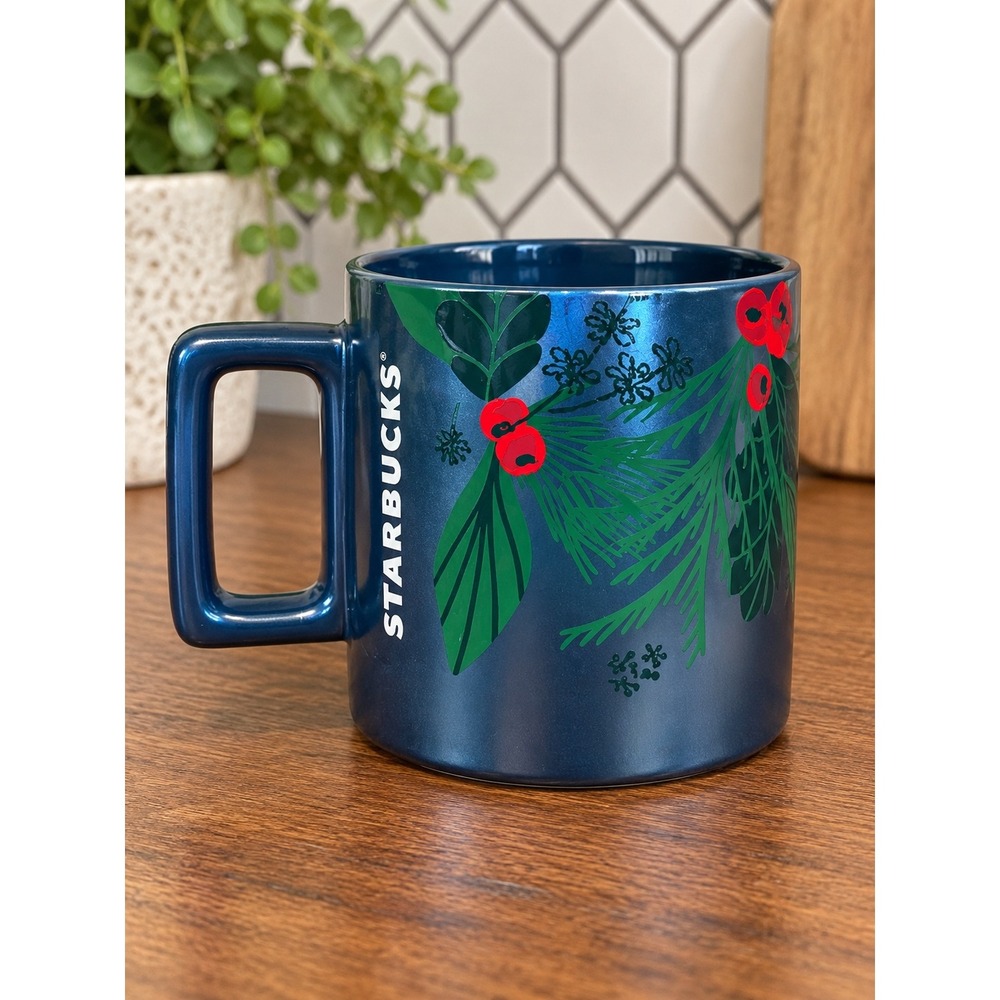 Starbucks 2021 Holiday Mug Metallic Blue Holly Berries 14oz Ceramic Coffee Cup